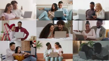 Çeşitli bireylerden oluşan gruplar, kapalı alanlarda dizüstü bilgisayarlarla uğraşır. Fikirlerini paylaşıyorlar, iletişim kuruyorlar ve işbirliği yapıyorlar, modern teknolojilerin sosyal etkileşimler ve takım çalışmasındaki rolünü sergiliyorlar..