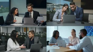 Farklı geçmişlerden insanlar çağdaş bir ofiste bilgisayar kullanırken yazılım çözümlerini tartışarak işbirliği yaparlar. Etkili takım çalışması için fikirleri ve stratejileri paylaşıyorlar..