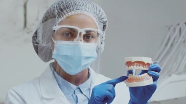 Bir dişçi, kişisel koruyucu ekipmanlar giyerken bir diş modelini göstererek uygun diş hijyenini gösterir. Sağlık çevresi hasta bakımı için iyi donanımlıdır..