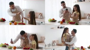 Bir baba ve kız, parlak mutfaklarında neşeli etkileşimlerden hoşlanırlar. Birlikte taze sebzeler hazırlıyorlar, kahkahaları paylaşıyorlar ve sıcak bir ev ortamında kalıcı anılar yaratıyorlar..