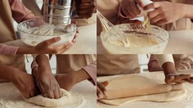 Çeşitli bireylerin elleri, hamuru hazırlamak ve yoğurmak için bir ev mutfağında birlikte çalışırlar. Kahkaha ve işbirliği yemek pişirme zevkini paylaştıkça havayı dolduruyor..