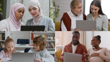 Dört farklı birey grubu dizüstü bilgisayarların etrafında toplanıyor, teknoloji ve yazılıma odaklı ortak faaliyetlerde bulunuyorlar..