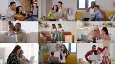 Konforlu ev ortamlarında dizüstü bilgisayarlarla uğraşan farklı bireylerden oluşan gruplar. Günlük hayatta teknolojinin gücünü gösteren bağlantı ve işbirliği anlarını paylaşıyorlar..