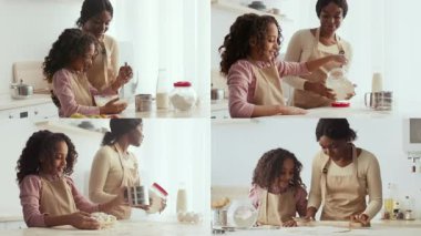 Anne ve kız aydınlık bir mutfakta, malzemeleri ölçüp, hamuru karıştırıp, kahkahalarınızı paylaşarak, keyifli bir yemek pişirme deneyiminin tadını çıkarıyorlar.