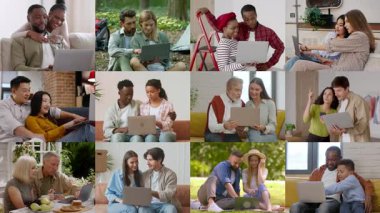 Çeşitli bireylerden oluşan bir grup, samimi bir iç mekanda, kolajda aktif olarak dizüstü bilgisayarların etrafında iş birliği yapıyor.