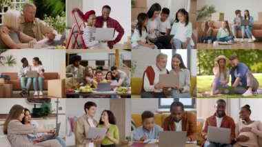 Çeşitli bireylerden oluşan gruplar dizüstü bilgisayarlarda işbirliği yapmak, bilgiyi paylaşmak ve dijital etkileşimlerden zevk almak için çeşitli samimi ortamlarda toplanıyorlar. Atmosfer dostane ve işbirlikçi..