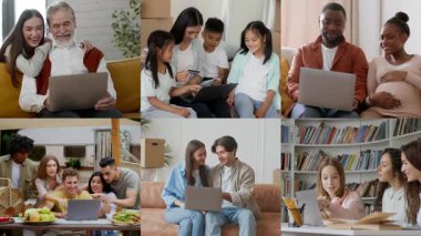 Çeşitli bireyler dizüstü bilgisayarların etrafında toplanır, fikirleri paylaşır ve teknoloji üzerinde işbirliği yaparlar. Rahat bir ortamda farklı ayarlar takım çalışmasını ve yeniliği gösterir.