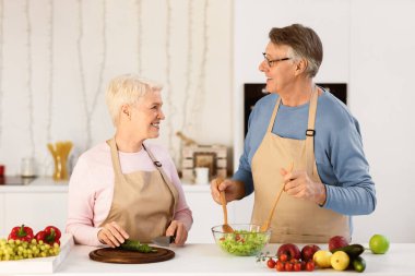 Neşeli YaşIı Eşler Evde Mutfakta, Mutfak Masası 'nın yanında duran Sağlıklı Taze Salata Hazırlıyor. Kıdemli çift birlikte yemek hazırlıyor. Aile Tarifleri