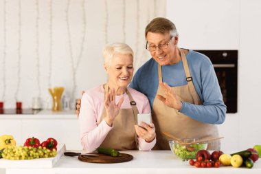 Neşeli yaşlı çift cep telefonuyla arama yapıyor, uzak ailelerle iletişim kuruyor, akıllı telefonlara el sallayarak evde mutfakta durup konuşuyorlar. Üst Düzey Eşler Telefon Arayan Görüntü