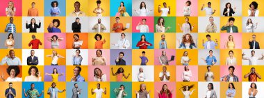 Canlı bir koleksiyon, her biri renkli arka planlara karşı çekilen eşsiz kimliklerini ve ifadelerini kutlayan bir dizi insan sunar. Bu yaşam tarzı kolajı kapsayıcılığı simgeliyor..