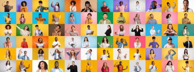 Canlı bir kolaj, çeşitli mutluluk ve birliktelik ifadeleri sergileyen farklı bireylerden oluşan bir grubu sergiliyor..