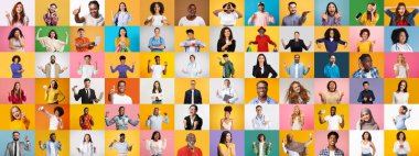 Çeşitli geçmişlerden canlı bireylerin bir koleksiyonu canlı bir kolajda neşeli ifadeler sergiliyor. Her portre, çeşitliliğin parlak, renkli arka planlara karşı güzelliğini vurgular..