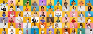 Bir portre koleksiyonunda çeşitli bireyler olumlu ifadeler ve jestler sergiliyor..