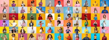 Renkli geçmişlere karşı çeşitli pozlar vererek neşe ve bağlantı kuran farklı bireylerden oluşan canlı bir koleksiyon. Bu kolaj insanlar arasındaki çeşitliliği ve birliği vurguluyor.