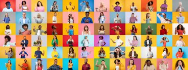 Çeşitli bireylerden oluşan canlı bir koleksiyon renkli geçmişlere karşı çeşitli duygu ve ifadeler sergiliyor..