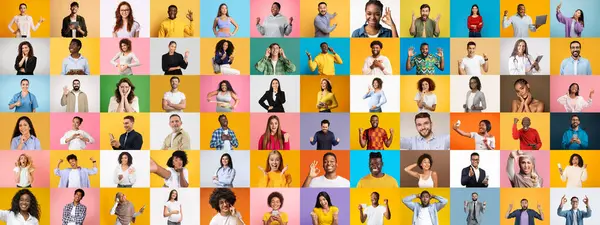 Bu koleksiyonda, her biri farklı ifadeler ve pozlar sergileyen, renkli arka planlara karşı çeşitliliği ve bağlantıyı vurgulayan, çok ırklı ve çok ırklı insanlardan oluşan canlı bir kolaj yer alıyor..