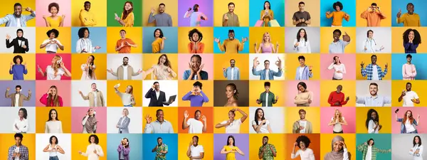 Bir portre koleksiyonunda çeşitli bireyler olumlu ifadeler ve jestler sergiliyor..