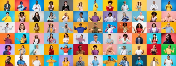 Canlı bir kolaj, renkli arka planlara karşı jestler ve ifadelerle benzersiz kişiliklerini sergileyen bireylerin çeşitli bir karışımını içerir..