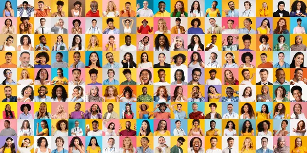 Çeşitli geçmişlerden gelen, neşe ve birlik saçan farklı bireylerin yüzlerini gösteren bir koleksiyon. Her portre parlak, renkli arkaplanlara karşı eşsiz ifadeler yakalar..