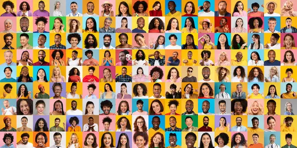Bu canlı koleksiyonda, her biri benzersiz ifadelere sahip, çeşitliliği kutlamak için birleşmiş çeşitli bireyler sergileniyor. Parlak arka planlar onların neşeli varlıklarını arttırır..