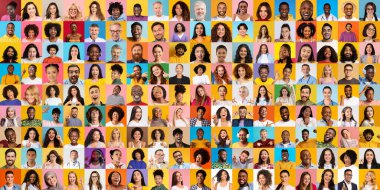 Çeşitli yaşam tarzlarını, renkli arkaplanlardaki portreleri temsil eden çeşitli yüzlerden oluşan canlı bir koleksiyon.