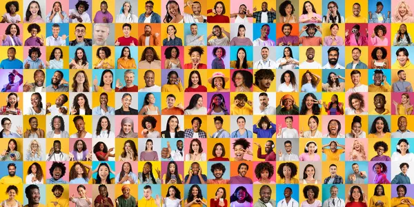 Bu canlı kolaj, her birinin kendine has ifadeleri olan çeşitli geçmişlerden gelen çeşitli insanları gösteriyor. Renkli arkaplan onların kişiliklerini geliştirir.