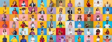 Bu canlı kolaj, farklı bireylerin renkli arka planlara karşı eşsiz duygular ve yaşam tarzlarını göstererek çeşitliliği ve birlikteliği kutluyor..