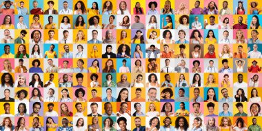 Canlı bir portre koleksiyonu, çeşitli arkaplanlardan gülümseyen ve çeşitli duyguları ifade eden insanları içeriyor. Bu yaşam tarzı kolajı uluslararası birlik ve bireyselliği kutluyor..