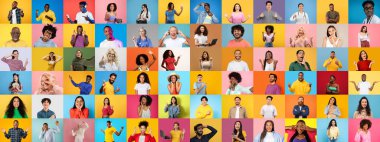 Canlı bir kolaj, çeşitli pozlar ve jestlerle neşe ve bağlantı ifade eden çeşitli bireyler grubunu vurgular..