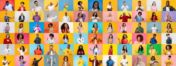 Bir portre koleksiyonunda çeşitli ifade ve faaliyetleri sergileyen çok ırklı bir grup yer alıyor. Arkaplan renkleri, çeşitliliğin güzelliğini vurgulayan canlı bir atmosfer yaratıyor..