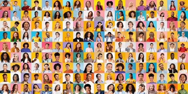 Canlı bir portre koleksiyonu, çeşitli arkaplanlardan gülümseyen ve çeşitli duyguları ifade eden insanları içeriyor. Bu yaşam tarzı kolajı uluslararası birlik ve bireyselliği kutluyor..