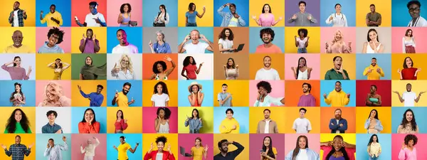 Canlı bir kolaj, çeşitli pozlar ve jestlerle neşe ve bağlantı ifade eden çeşitli bireyler grubunu vurgular..