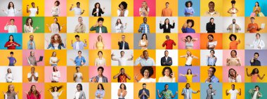 Renkli bir koleksiyonda çeşitli bireyler neşe ve bağlantı gösteriyor. Her portre, farklı yaşam tarzları aracılığıyla birliği temsil eden eşsiz özellikleri ve geçmişleri vurgular..