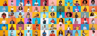 Renkli arka planlarda duygularını ifade eden bireylerin yer aldığı canlı bir kolaj. Her portre kültürel çeşitliliğin ve yaşam tarzının zenginliğini vurgular..