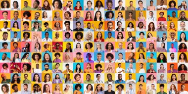 Bu koleksiyon, çeşitliliğin güzelliğini gösteren canlı bir yüz dizisi sunuyor. Çeşitli geçmişlerden gelen bireyler neşeli ve renkli bir ortamda neşeli ifadeleri paylaşırlar..