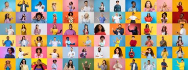 Bir portre koleksiyonu, renkli arka planlara karşı gülümseyen ve neşe ifade eden çeşitli çok ırklı bireyleri içerir. Çeşitlilik birliği ve farklı yaşam tarzlarını vurguluyor.