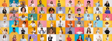 Çeşitli ifadelerin yer aldığı canlı bir portre koleksiyonu..