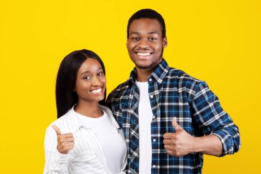 Mükemmel derecelendirme, iyi eleştiri ve genç bir çiftin tavsiyesi. Neşeli afro-amerikan erkek ve kadın sarılıp baş parmak gösteriyor, sarı arka planda izole edilmiş, stüdyo çekimi, serbest alan