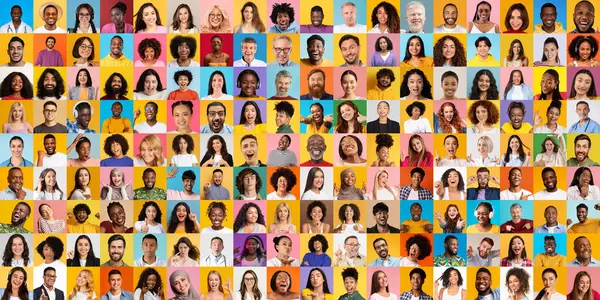 Çeşitli arkaplanlardan çeşitli yüzler içeren canlı bir kolaj..