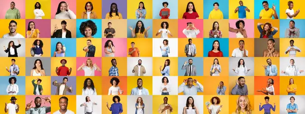 Değişik bireylerden oluşan canlı bir kolaj cesur arka planlara karşı benzersiz ifadeler ve stiller sergiliyor..