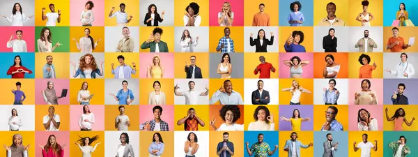 Renkli bir koleksiyonda çeşitli bireyler neşe ve bağlantı gösteriyor. Her portre, farklı yaşam tarzları aracılığıyla birliği temsil eden eşsiz özellikleri ve geçmişleri vurgular..