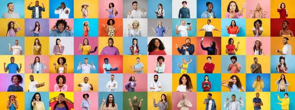 Bir portre koleksiyonu, renkli arka planlara karşı gülümseyen ve neşe ifade eden çeşitli çok ırklı bireyleri içerir. Çeşitlilik birliği ve farklı yaşam tarzlarını vurguluyor.