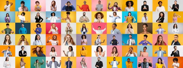 Değişik bireylerden oluşan canlı bir koleksiyon renkli arka planlara karşı gülümsüyor ve poz veriyor. Her insan, çeşitliliğin güzelliğini vurgulayarak farklı arka plan ve yaşam tarzlarını temsil eder..
