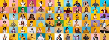 Canlı bir portre koleksiyonu çeşitli arka planlardan çeşitli insanlar sergiliyor, hepsi gülümsüyor ve renkli arkaplanlara karşı neşeli ifadeler sergiliyor..