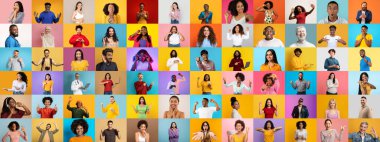 Canlı bir kolaj, izleyiciye gülümseyen ve el kol hareketi yapan çok ırklı kişileri gösteriyor..