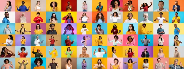 Canlı bir kolaj, izleyiciye gülümseyen ve el kol hareketi yapan çok ırklı kişileri gösteriyor..
