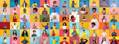 Bu canlı kolaj neşe, bağlantı ve yaşam tarzını ifade eden çeşitli çok ırklı bireyleri gösteriyor. Renkli arka planlara karşı her insan eşsiz duygular sergiler, çeşitliliği vurgular.