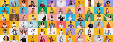 Mutluluk ve coşkuyu ifade eden çeşitli bireylerin yer aldığı bir portre koleksiyonu. Canlı arka planlar, insanlar arasındaki çeşitlilik ve birlikteliğin kutlanmasını artırıyor..