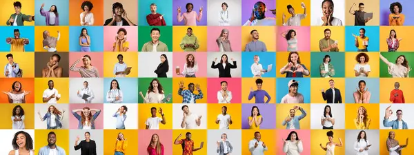 Mutluluk ve coşkuyu ifade eden çeşitli bireylerin yer aldığı bir portre koleksiyonu. Canlı arka planlar, insanlar arasındaki çeşitlilik ve birlikteliğin kutlanmasını artırıyor..