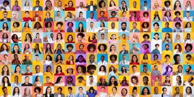 Canlı bir kolaj, her biri farklı yaşam tarzları ve duyguları ifade eden çeşitli geçmişlerden gelen çeşitli yüzlerin bir derlemesini içerir.